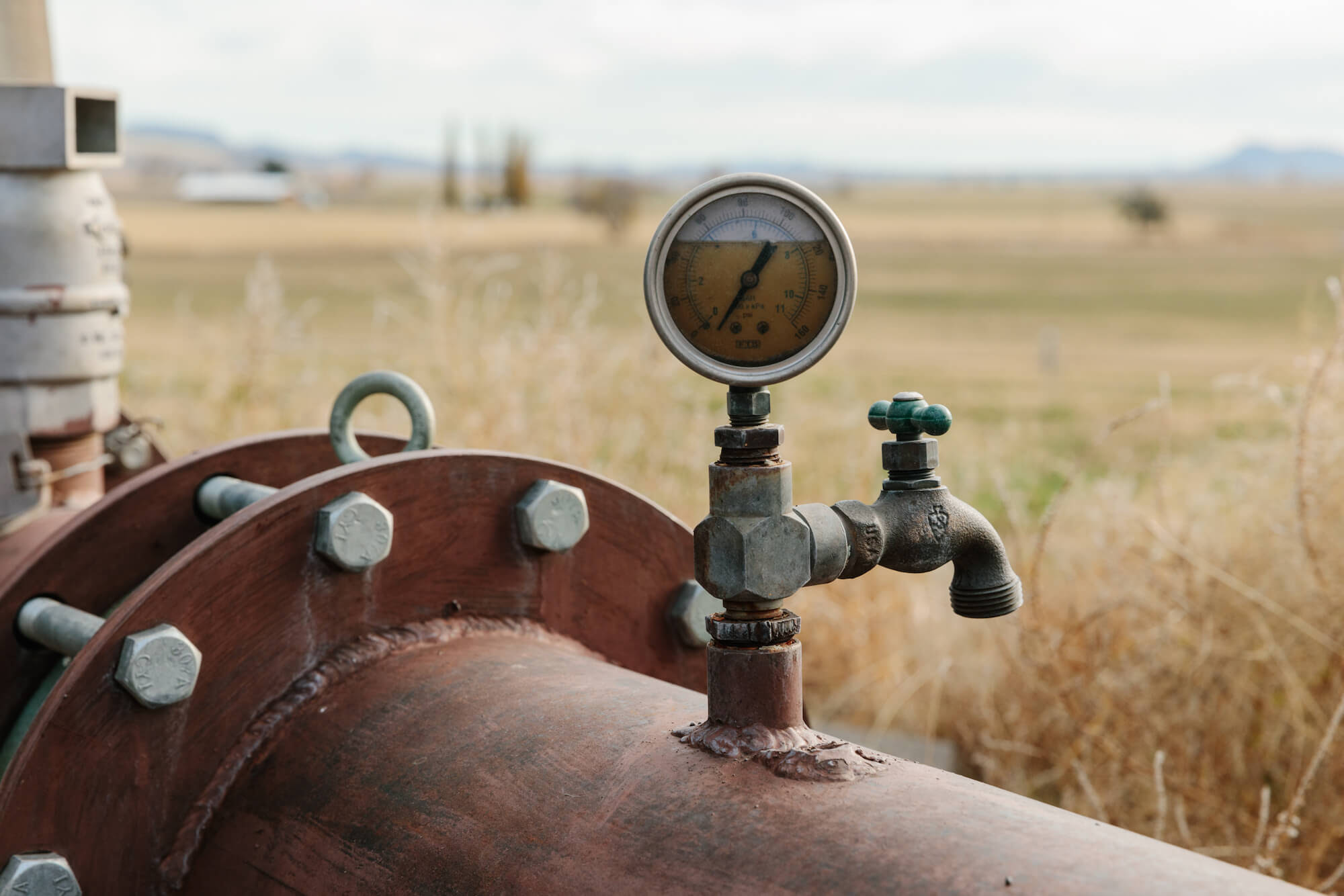 A close up of a pressure gauge on a well in Klamath, OR 112221