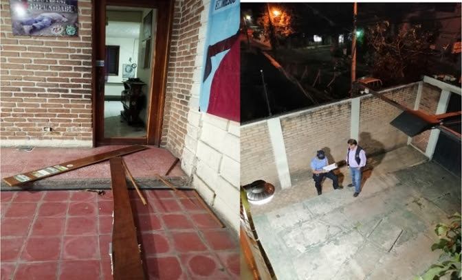 A la izquierda : la puerta principal de la Vía Campesina está destruida. A la derecha la DPI interroga a Rafael Alegría sobre el hecho.