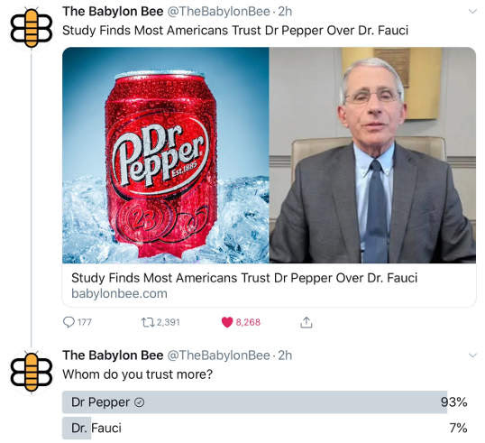 babylon bee dr pepper more trusted than dr fauci poll