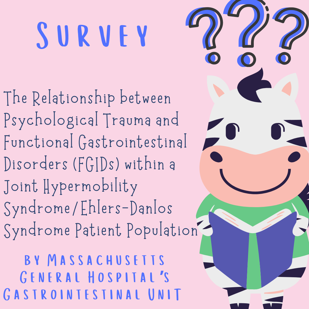 A zebra holding a book with questions marks above its head. Text: Survey: The relationship between psychological trauma and functional gastrointestinal disorders within a joint hypermobility syndrome / Ehlers-Danlos Syndrome Patient Population