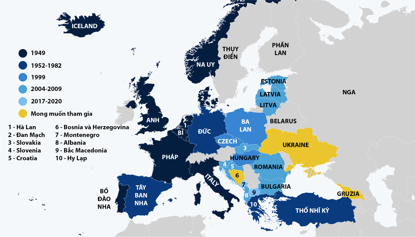 7 thập kỷ NATO đông tiến ở châu Âu. Bấm vào hình để xem chi tiết.