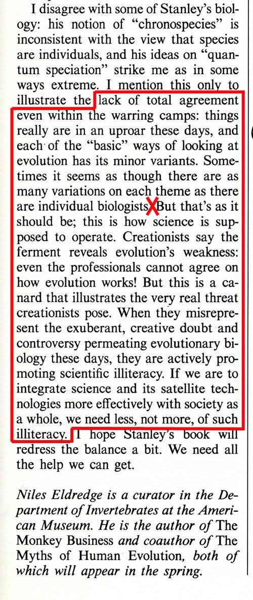 El biólogo Niles Eldredge ha sido intencionalmente mal citado por la Wachtower...  Eldredge-misquote