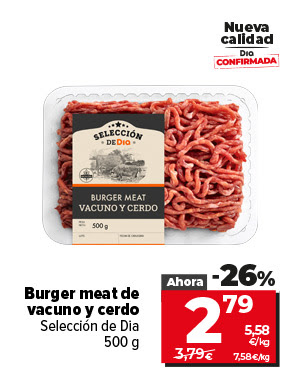 Nueva calidad Dia confirmada. Buerger meat de vacuno y cerdo, Selección de Dia 500g ahora un 26% más barata a 2,79€ a 5,58€/kg, antes a 3,79€ a 7,58€/kg