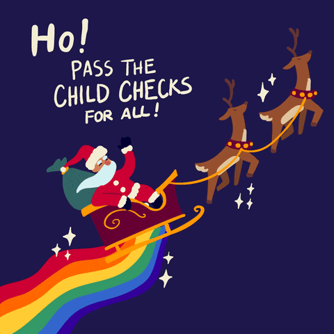 Santa flying with text that says "ho! ho! ho! pass the child checks for all!"