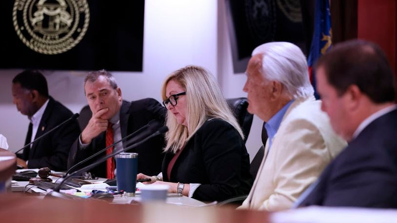 PSC Chairman Tricia Pridemore (center) and other commissioners are shown during a vote on May 16, 2023.<br />
Miguel Martinez /miguel.martinezjimenez@ajc.com