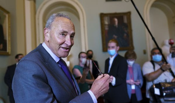 Senate Majority Leader Chuck Schumer, D-N.Y., updates reporters on the latest action in the infrastructure negotiations between Republicans and Democrats, at the Capitol in Washington, Wednesday, July 28, 2021. (AP Photo/J. Scott Applewhite)