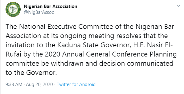 NBA withdraws invitation to Governor El-Rufai as speaker in forthcoming conference 