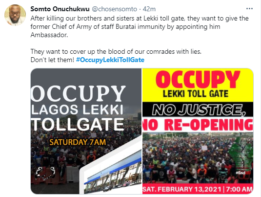 #OccupyLekkiTollgate trends as Nigerians plan to stage another protest over the reopening of Lekki tollgate on February 13