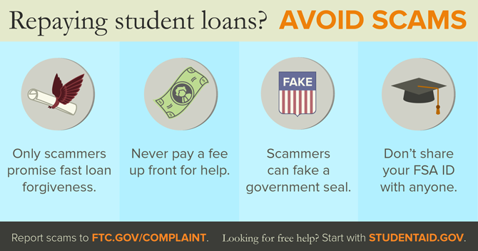 Repaying student loans? Avoid scams. Only scammers promise fast loan forgiveness. Never pay a fee up front for help. Scammers can fake a government seal. Don't share your FSA ID with anyone. Report scams to ftc.gov/complaint. Looking for free help? Start with studentaid.gov.