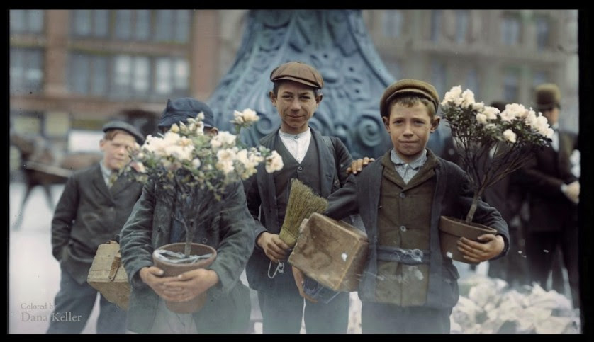 Meninos compram flores em 1908