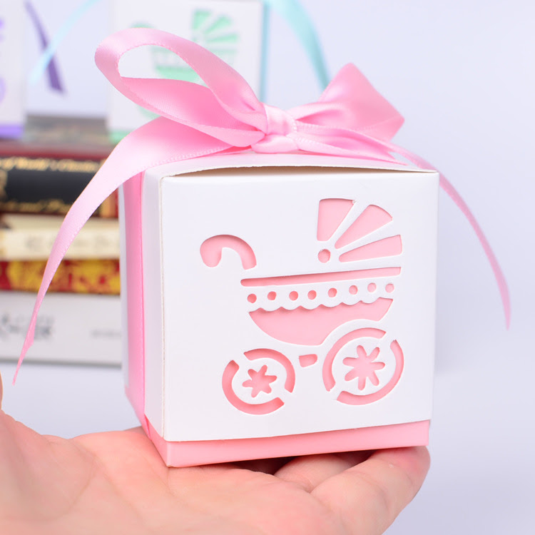 50pcs/lot baby carriage favor box wedding laser cut candy box with