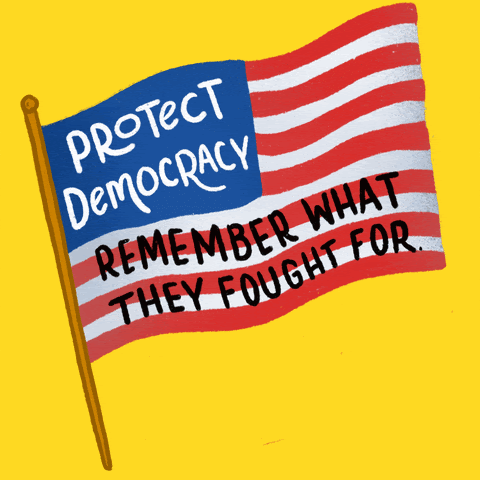 Image of a waving American flag. The words on the flag state "Protect democracy. Remember what they fought for"