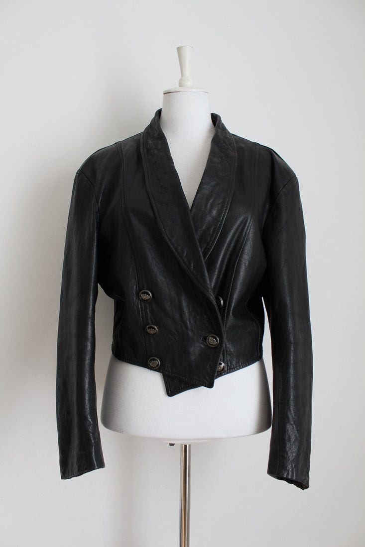 VINTAGE GENUINE LEATHER BLACK CROPPED BIKER JACKET - SIZE 12