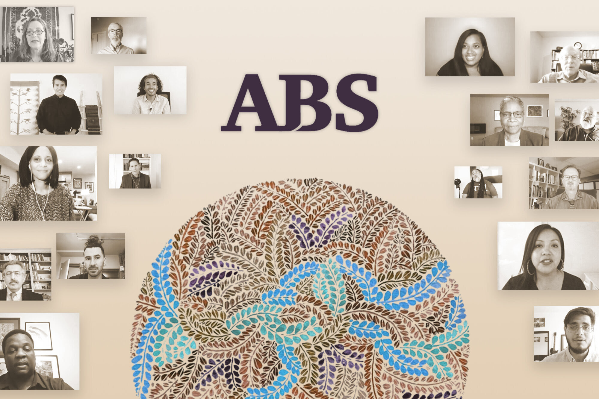 Illustration showing the letters ABS above a circular multi-color pattern of fern leaves, all surrounded by monochrome video-call frames of diverse conference participants.