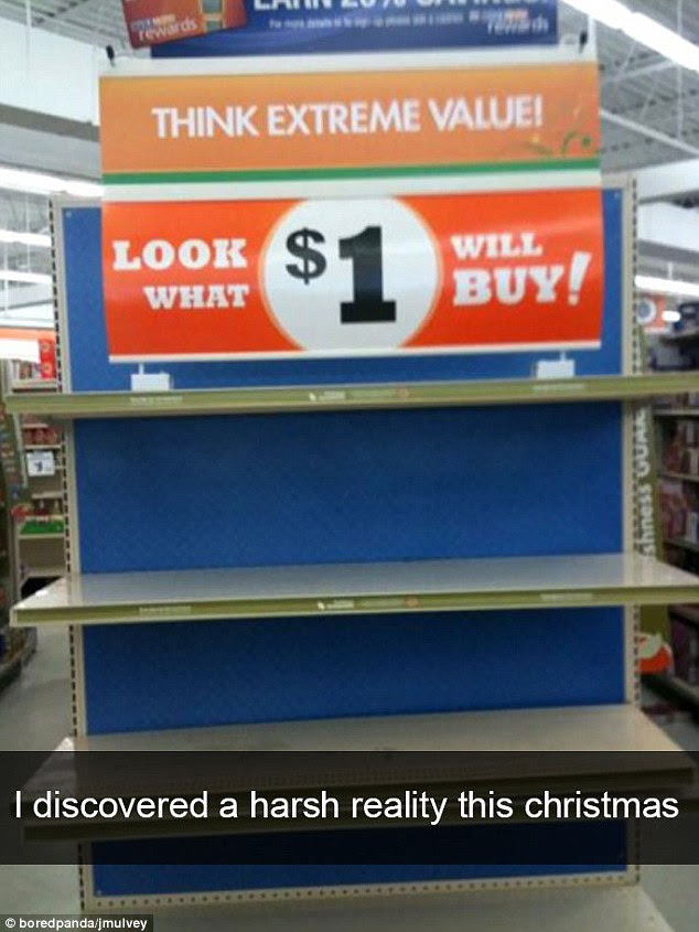 One user shared how many people feel about the cost of presents at Christmas - posting a photo of an empty shelf with the sign: 'Look what $1 will buy!'