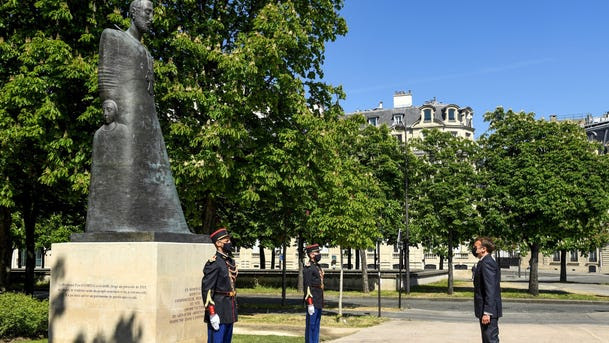 French President Emmanuel Macron paying tribute at the Armenian Monument on the 106th anniversary of the genocide, in Paris last April.