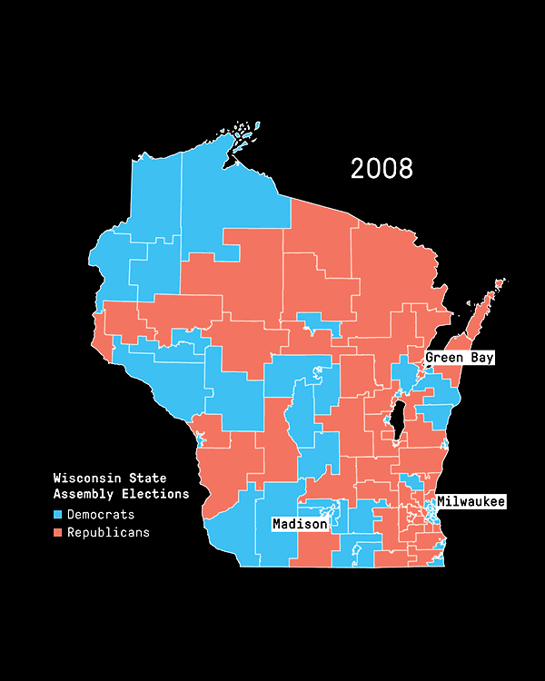 Wisconsin State Assembly elections (before and after redistricting in 2011). Urban districts are geographically smaller because more voters (often Democrats) are concentrated in these areas.
