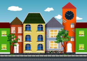 Vector image of colorful houses close together on a city street with a blue sky and a few cloud in the background.