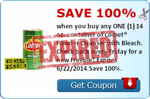 Save 100% when you buy any ONE (1) 14 oz. container of Comet® Powder Cleanser with Bleach. Check back every Friday for a new Freebie!.Expires 6/22/2014.Save 100%.