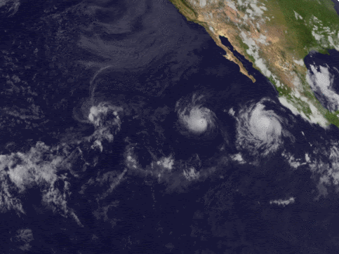 satellite imagery over the eastern Pacific Ocean from July 25 to August 1, 2017, shows Hurricane Irwin on the left colliding with Hurricane Hilary on the right. The two merged before fading out over the ocean.