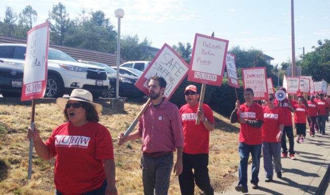 Marin County caregivers strike and picket to defend free speech.