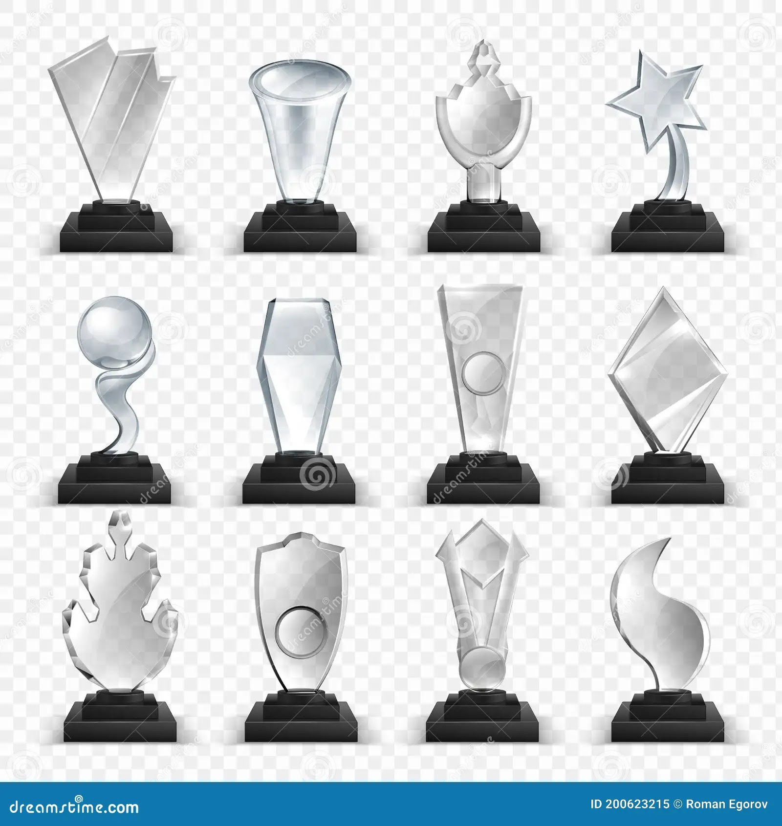 Glass Awards. 3D Winner Prizes from Transparent Material. Champion Cups