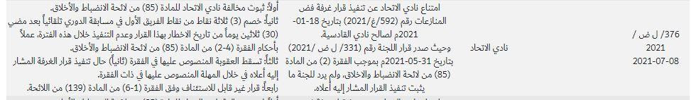 "الانضباط" تُهدد "الاتحاد" بخصم 15 نقطة بسبب هذه القضايا