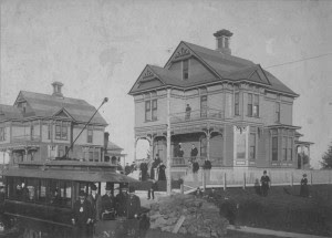 Streetcar along Williams in 1889.  Homes have been replaced with warehouses.  Courtesy Mrs. Dorothy Thompson Smith