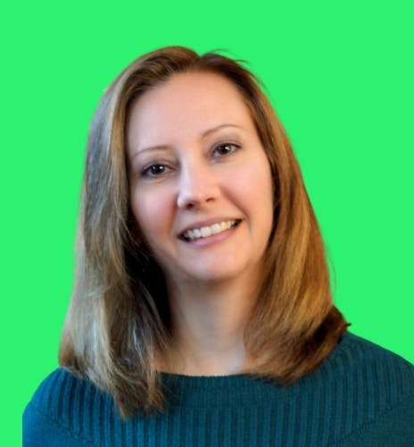 Headshot of Stephanie Weiss against a neon green background 