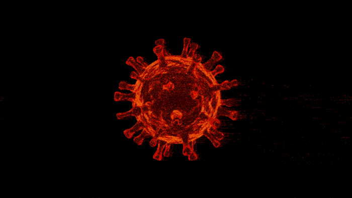 An animation of a coronavirus particle changing color