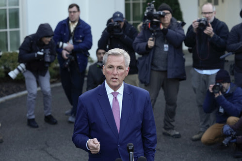 House Speaker Kevin McCarthy of Calif., talks with reporters outside the West Wing of the White House in Washington following his meeting with President Joe Biden, Wednesday, Feb. 1, 2023. (AP Photo/Susan Walsh)