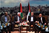 (L-R) Senior Hamas leader Moussa Abu Marzouk; senior Fatah official Azzam Al-Ahmed; head of the Hamas government Ismail Haniyeh; and deputy speaker of Palestinian Parliament Ahmed Bahar in Gaza City.