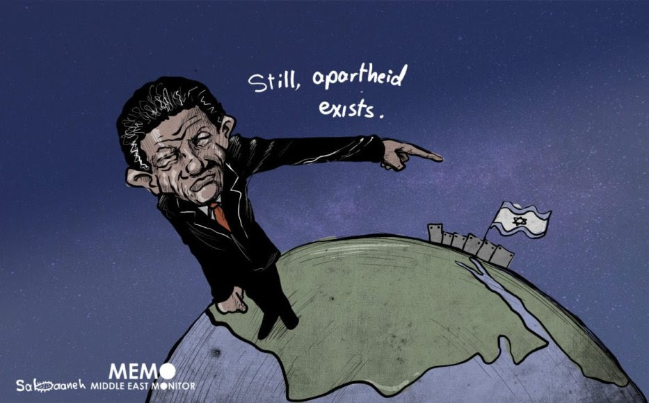 South Africa (Mandela) stands with Palestine - Cartoon [Sabaaneh/MiddleEastMonitor]
