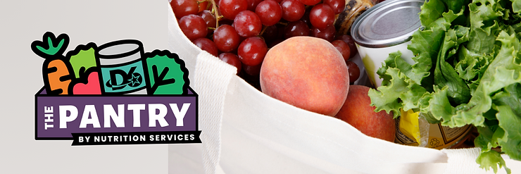 Picture of a white fabric grocery bag holding items including red grapes, peaches, a canned item, and lettuce. The logo for The Pantry is also shown.