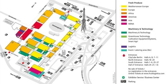 This graphic shows the halls of the Berlin Exhibition Grounds. The halls are marked in colour and show which segments and which continents are represented in which halls.