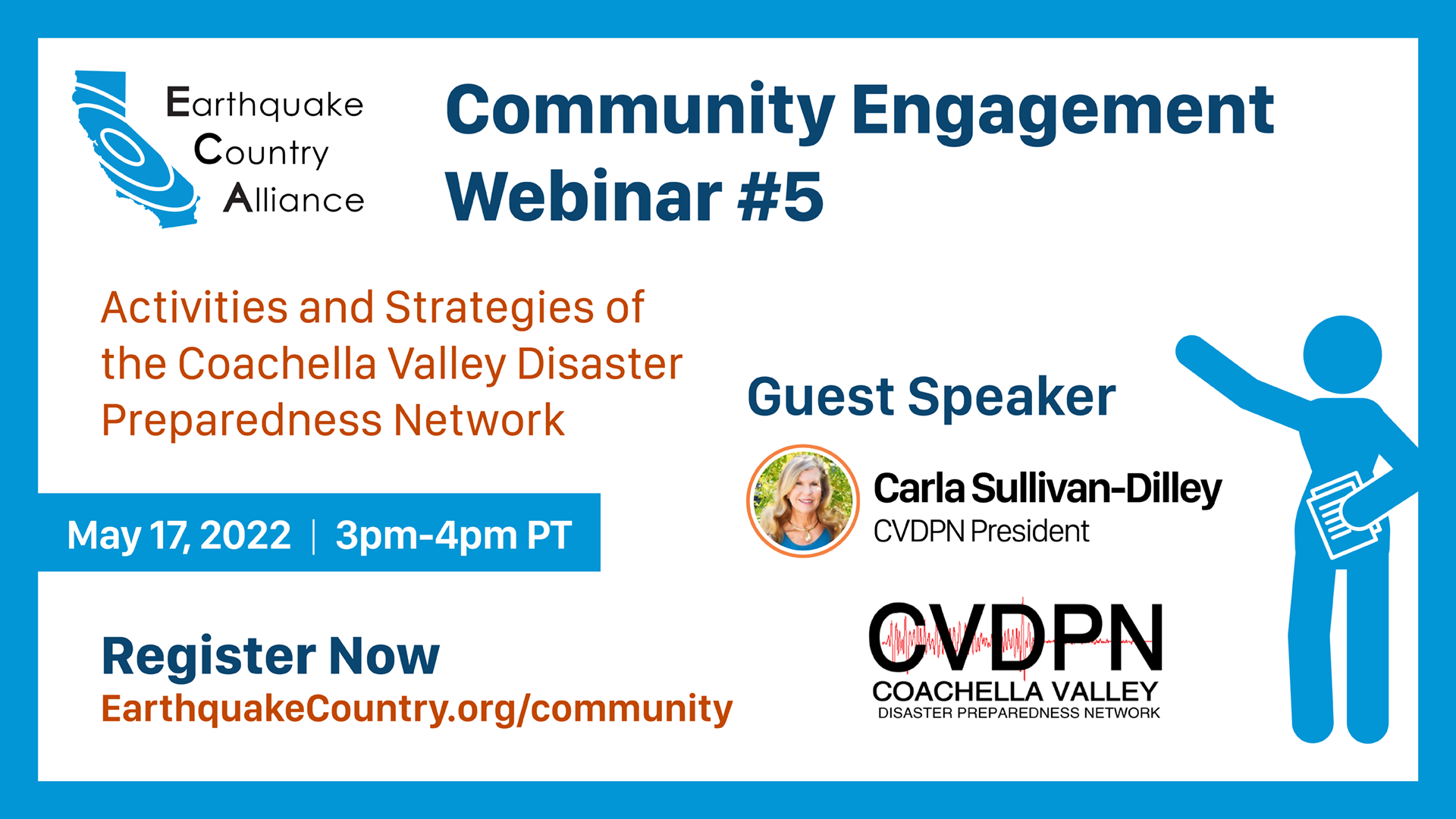 Illustration of presenter introducing the Community Engagement Webinar #5, the CVDPN logo, and a picture of CVDPN president, Carla Sullivan-Dilley.