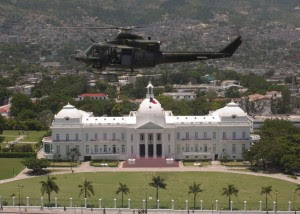 A Canadian helicopter flies over the Presidential Palace as the coup unfolds.