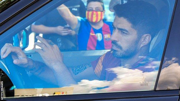 Luis Suarez arrives for training with Barcelona