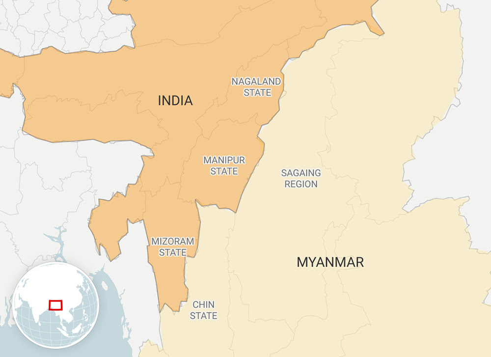 A map shows the border region between India and Myanmar with Nagaland, Manipur, and Mizoram states highlighted in India and Chin State and Sagaing region highlighted in Myanmar.