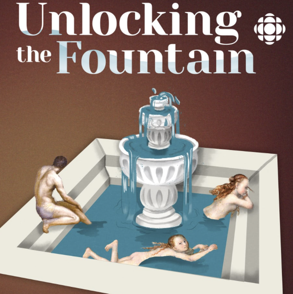 An illustration of a fountain with people bathing in it. 