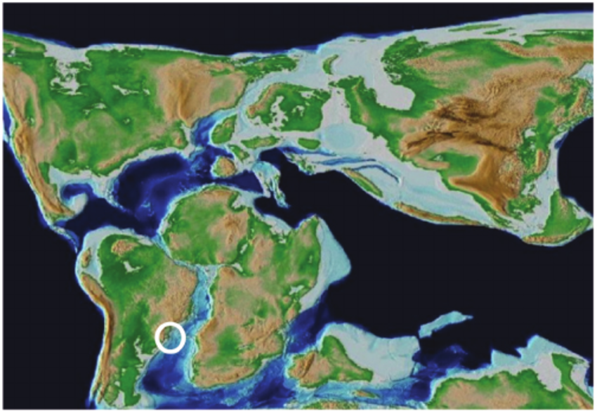 —Schematic geodynamic model showing the opening of the South Atlantic and creation of the salt basins from 170 Ma to present: (a) 170 Ma prerift, eolian sediments; (b) 130 Ma rift, lacustrine, organic-rich shales (source rock), coquinas, conglomerates and volcanics; (c) 120 Ma transitional, microbial carbonates followed by evaporates; (d) 105 Ma initial drift, post-salt platform carbonate sedimentation; (e) present late-drift, clastic turbidite sedimentation (after Cainelli and Mohriak, 1999).