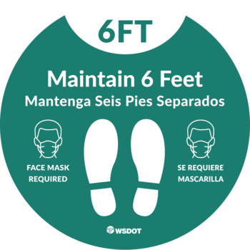 Image of round floor decal reminding people to maintain six foot distance from others and that face masks are required