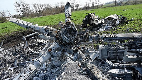 wreckage of a downed Russian helicopter in Ukraine