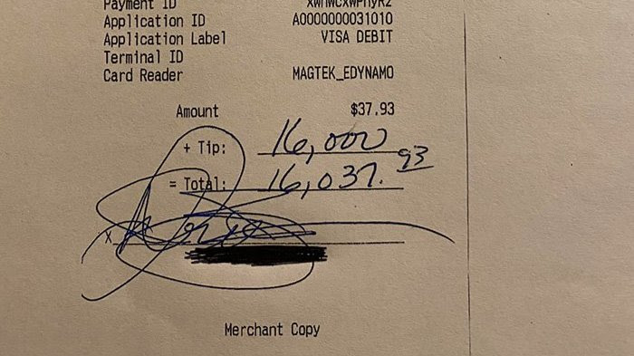 A receipt showing a $16,000 tip