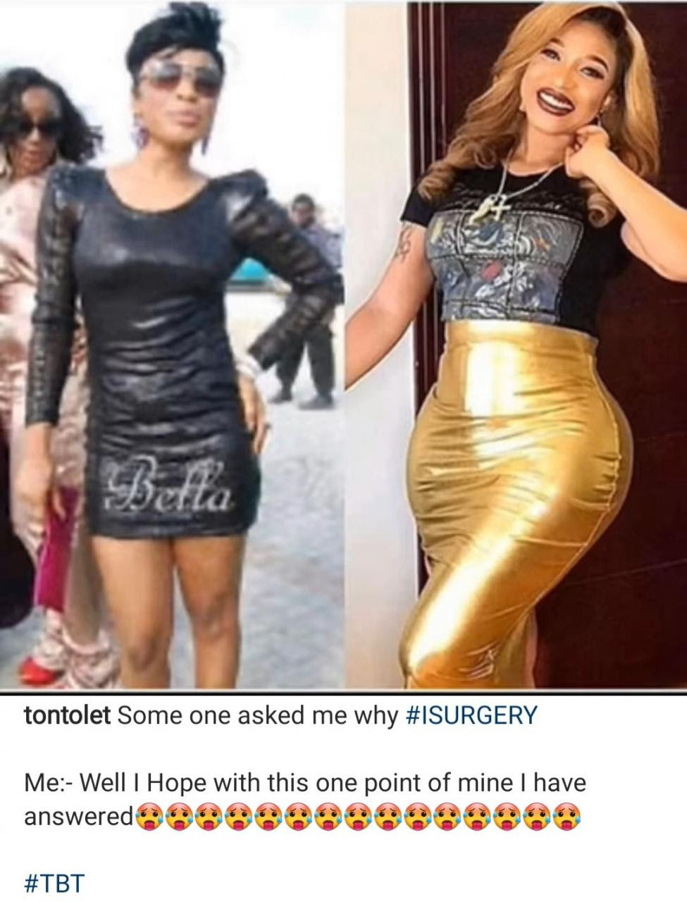 Tonto Dikeh compares her former body to her surgically-enhanced curves as she answers why she went under the knife