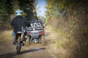 A view from behind of off-road vehicles riding away down a dirt trail, lined with mature trees