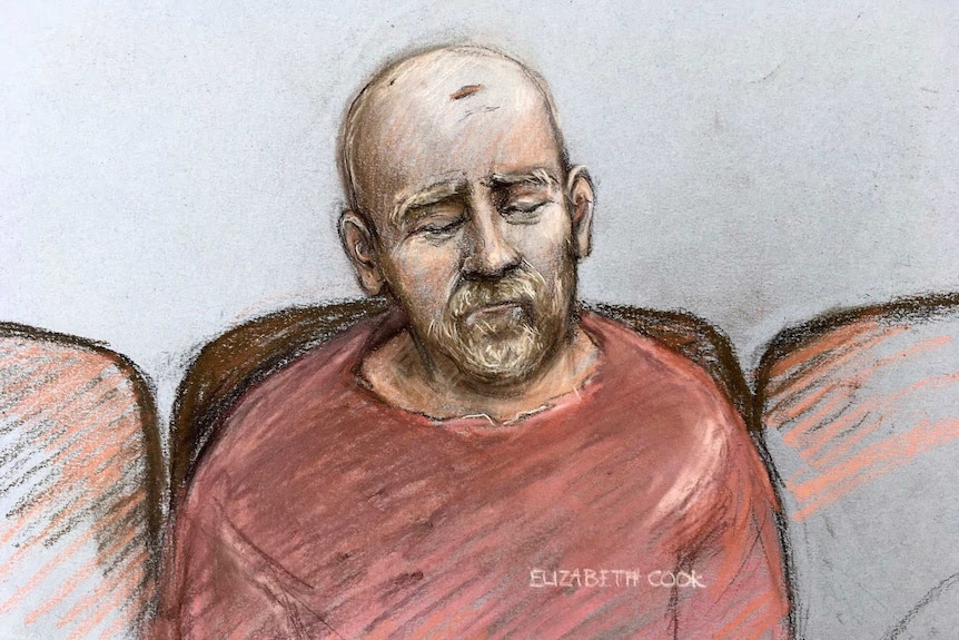 A court sketch of a bald man with pale eyebrows and beard