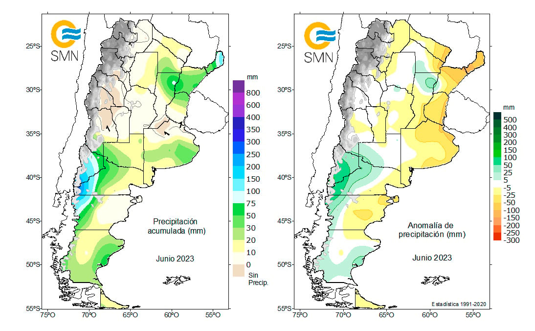 Precipitación acumulada y su anomalía en junio 2023.  