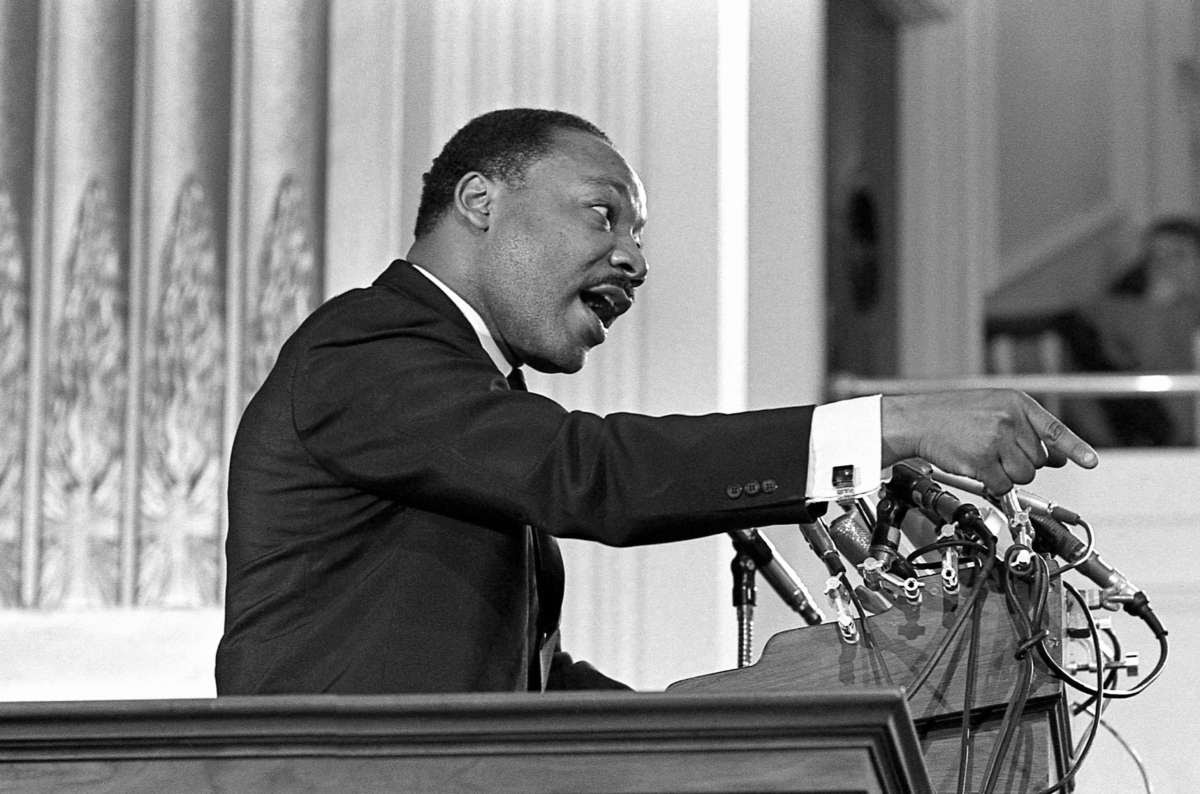 Civil rights leader Dr. Martin Luther King Jr. speaks from a lectern at the New York Avenue Presbyterian Church, Washington D.C., on February 6, 1968.