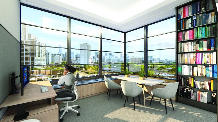 Rendering of a woman at a desk in an office with large windows.